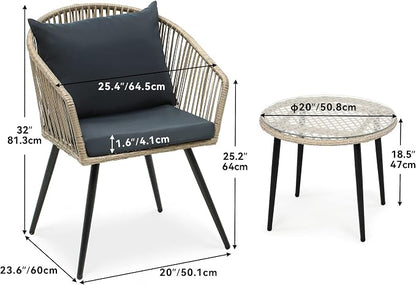YITAHOME 3-Piece Outdoor Patio Furniture Wicker Bistro Set, All-Weather Rattan Conversation Chairs for Backyard, Balcony and Deck with Soft Cushions, Glass Side Table, Gray Rattan