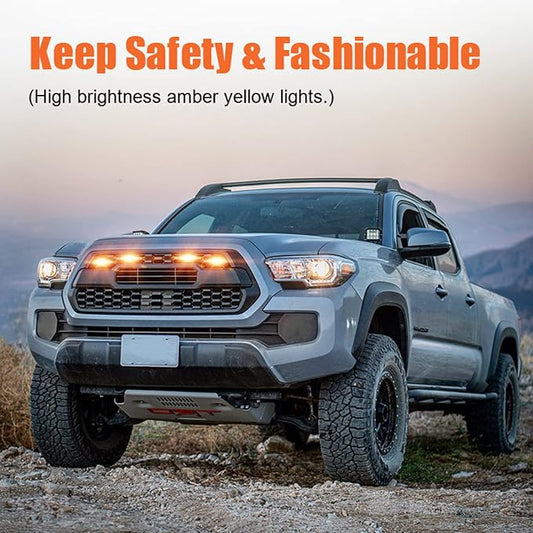 LED Grill Lights for 2016-2022 Aftermarket Toyota Tacoma TRD PRO Grille with Harness & Fuse(Amber light with Amber housing)
