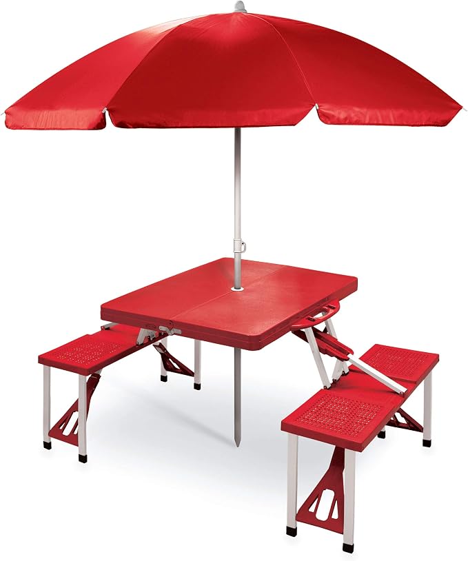 Picnic TIME Portable Folding Picnic Table with Seats for 4, Collapsible Aluminum Table with Benches & Umbrella Hole, Lightweight Foldable Table for Camping, Travel, Backyard, Tailgating | with Umbrella Hole