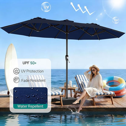 AreShark 15FT Outdoor Patio Umbrella with Crank, Large Rectangular Market Umbrella, Double-Sided Outdoor Umbrellas with Cross Base & Sandbag for Porch, Lawn, Pool, Backyard, Navy