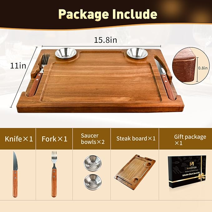 Acacia Wooden Steak Board - Reversible Charcuterie Boards Cutting Board Set with Fork, Knife and 2 SUS304 Ramekins,15.7” Wood Serving Board for Home BBQ,Gift for Women Men(1 Set)