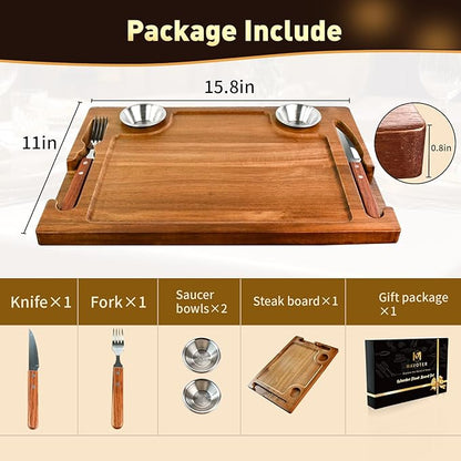 Acacia Wooden Steak Board - Reversible Charcuterie Boards Cutting Board Set with Fork, Knife and 2 SUS304 Ramekins,15.7” Wood Serving Board for Home BBQ,Gift for Women Men(1 Set)