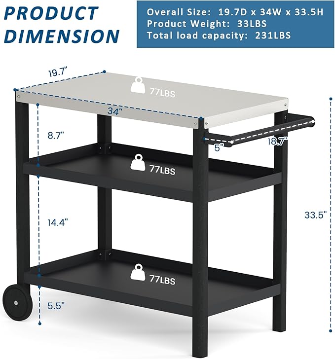 TORVA Outdoor Prep Grill Cart, Honeycomb Style Wear-Resistant Tabletop with High Load-Bearing Portable BBQ Table, HDPE Durable Frame 3-Tier Storage Table, Black