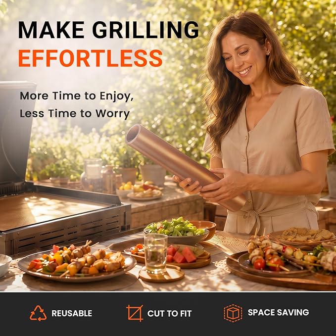 Grill Mats Roll with Cutter, Grill Mats for Outdoor Grill 15.75 x 100 Inch | Reusable Nonstick Mat for Gas Grills, Oven Liners, Outdoor BBQ, Baking Mats, and Easy Cleanup, Copper