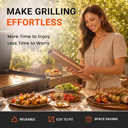 Grill Mats Roll with Cutter, Grill Mats for Outdoor Grill 15.75 x 100 Inch | Reusable Nonstick Mat for Gas Grills, Oven Liners, Outdoor BBQ, Baking Mats, and Easy Cleanup, Copper