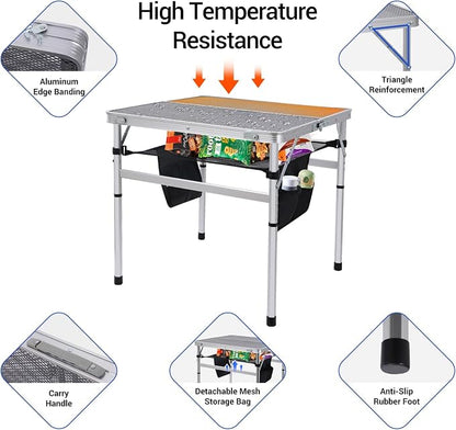 Nice C Square Folding Height Adjustable Aluminum Table (23.6", White) | Mesh Bag, Carry Handle, Grill Table, Camping Table, Outdoor Table, Card Game Table