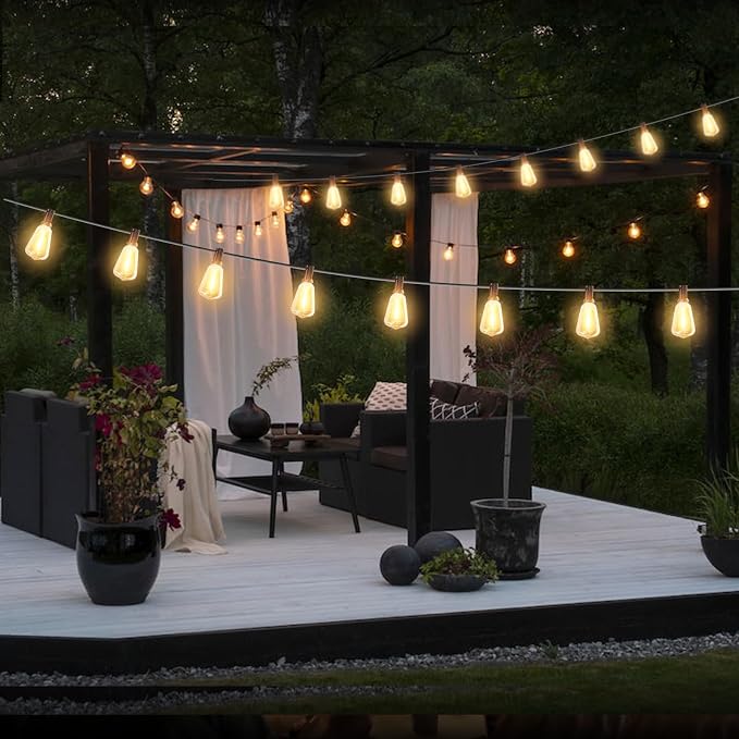 50FT Outdoor String Lights with Remote & Dimmer, Waterproof Patio Lights Commercial Grade ST38 LED - Shatterproof Edison Bulbs, Vintage Hanging Lighting for Backyard Garden Party