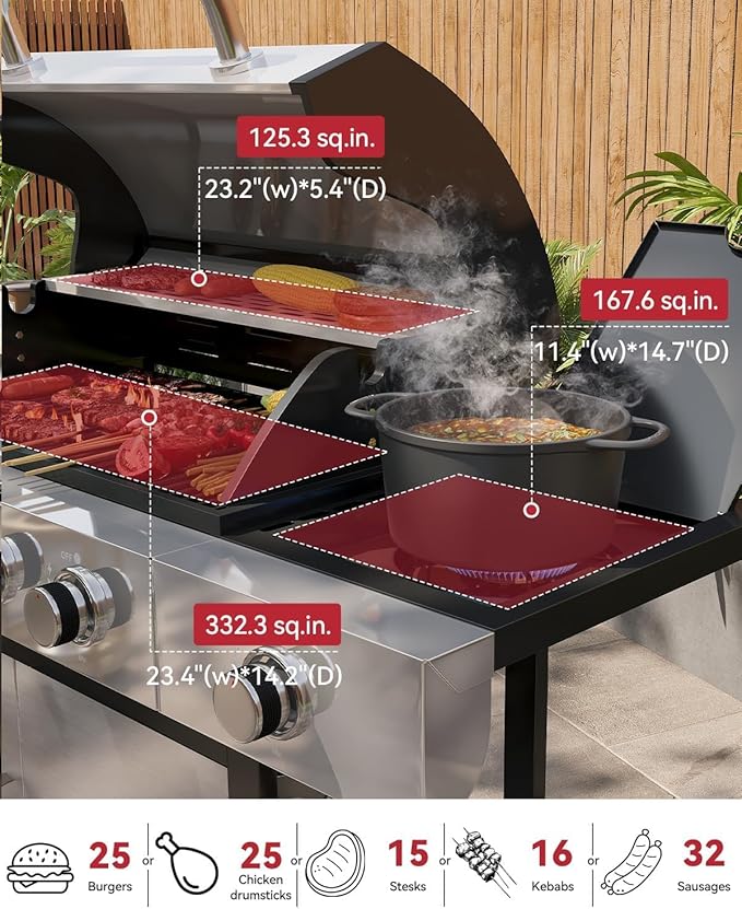 Aoxun 4-Burner Propane Grill with Side Burner, 49000 BTU Gas Grill, Stainless Grill with Cast Iron Grates & Side Tables for Backyard, Patio, Camping, Black and Silvery