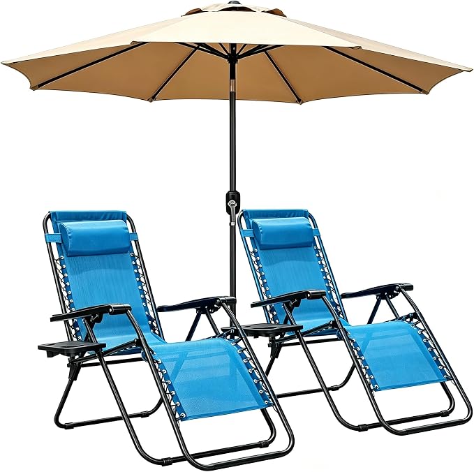 Zero Gravity Chairs Set of 2 with 9FT Patio Umbrella, Adjustable Folding Outdoor Recliner with Pillow & Cup Holder, Waterproof UV Protection Market Umbrella for Pool, Beach, Patio, Camping
