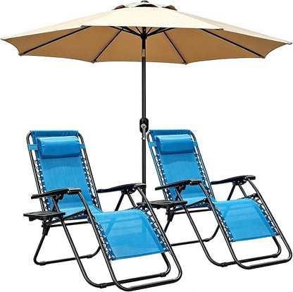Zero Gravity Chairs Set of 2 with 9FT Patio Umbrella, Adjustable Folding Outdoor Recliner with Pillow & Cup Holder, Waterproof UV Protection Market Umbrella for Pool, Beach, Patio, Camping