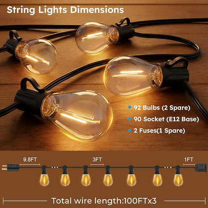 GvvooHome LED Outdoor String Lights, 300FT Waterproof Patio Lights with 92 Shatterproof S11 Plastic Bulbs, 2700K Warm White Edison Hanging Lights for Backyard, Garden, Porch, Bistro