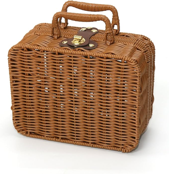 Mini Wicker Picnic Basket, Decorative Prop Suitcase Vintage Storage Hamper Makeup Organizer, 8.67" Metal Lock Plastic Rattan Storage Box with Handles for Sundries Travel Camping and Outdoor Party