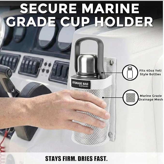 Marine Mesh Single-Pocket Boat Gear Storage Bag, Black Large Fabric Boat Cup Holder, Screw Snap Mount (White, Small)