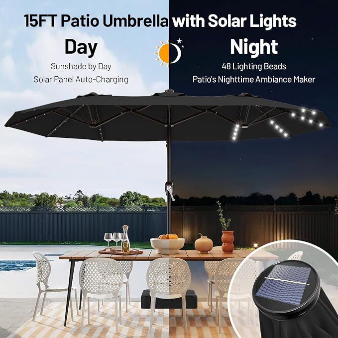 AreShark 15FT Patio Umbrella with Solar Lights, Double Sided Outdoor Table Umbrellas with Crank, Large Rectangular Market Umbrella for Porch, Lawn, Pool, Backyard, Dark Black