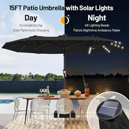 AreShark 15FT Patio Umbrella with Solar Lights, Double Sided Outdoor Table Umbrellas with Crank, Large Rectangular Market Umbrella for Porch, Lawn, Pool, Backyard, Dark Black