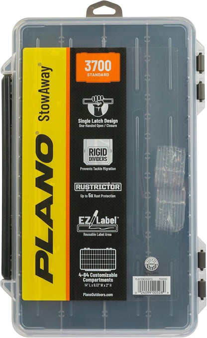 Plano StowAway 3700 Stow Tackle Box, with Corrosion-Preventive Rustricor, Single Latch Design, Transparent DuraView Lid, Stackable Storage for Fishing Bait, Lures and Gear
