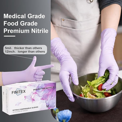 FINITEX Nitrile Disposable Latex-Free Gloves Purple - 5mil 100PCS Latex/Powder-Free 12inch Cleaning Medical Exam Food Glove