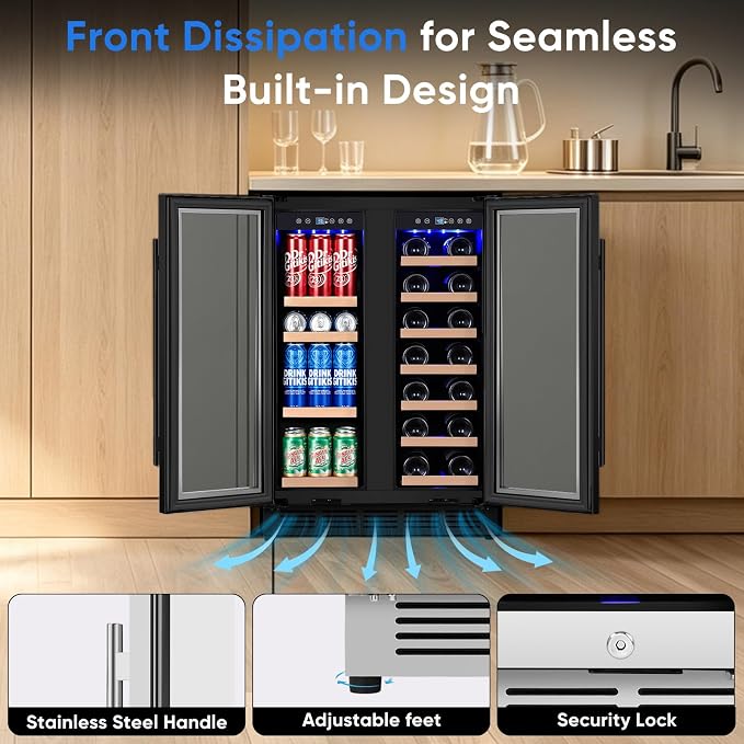 24 Inch Built-in Wine and Beverage Refrigerator Dual Zone | Under Counter Wine Fridge with Glass Door, Digital Touch Panel with °C/°F Switch, Low Noise Cooling for Kitchen, Home Use