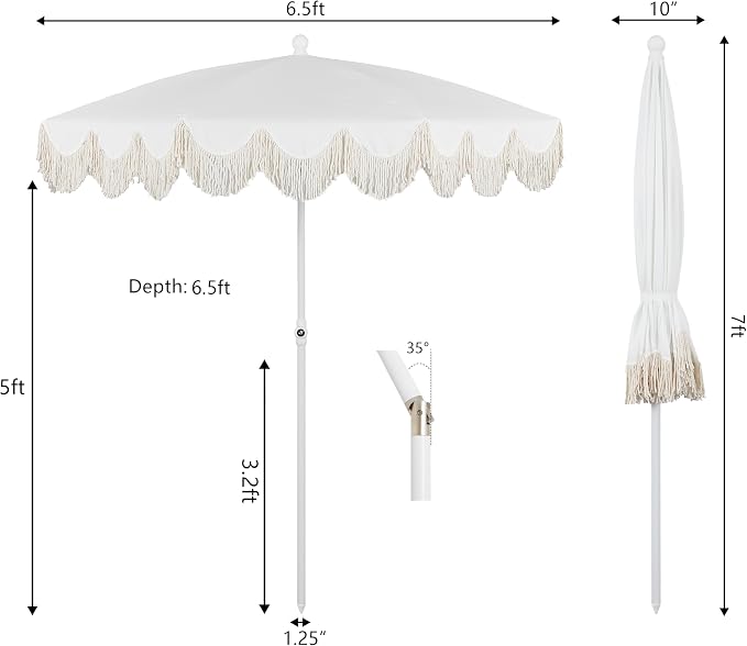 JONATHAN Y Mariner 6.5 ft. Solid Fringe Beach Umbrella, White | Push-Button Tilt, UV 50 Protection, Matching Carry Bag, Iron Pole, Wind Vent, Scalloped Round Canopy