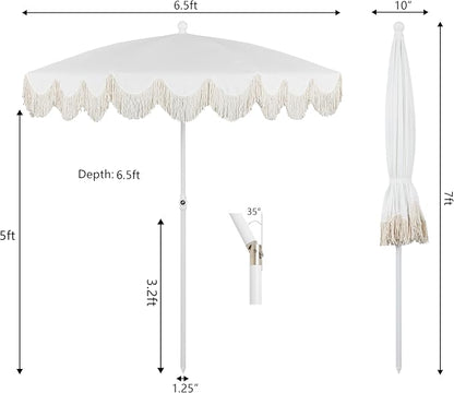 JONATHAN Y Mariner 6.5 ft. Solid Fringe Beach Umbrella, White | Push-Button Tilt, UV 50 Protection, Matching Carry Bag, Iron Pole, Wind Vent, Scalloped Round Canopy