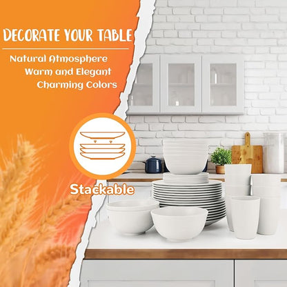 40 PCS Wheat Straw Dinnerware Sets, Service for 8 - Dinner Plates, Cereal Bowls, Drinking Glasses, Unbreakable Plastic Plates and Bowls Sets, Dishwasher and Microwave Safe for Kitchen - White