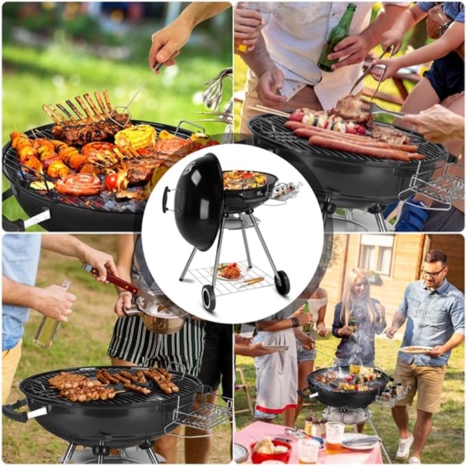 28 Inch Portable Charcoal Grill with Wheels - Porcelain Enameled Kettle BBQ with Lid, Thermometer, Ash Catcher, Storage Rack for Outdoor Backyard Camping Tailgate - Black