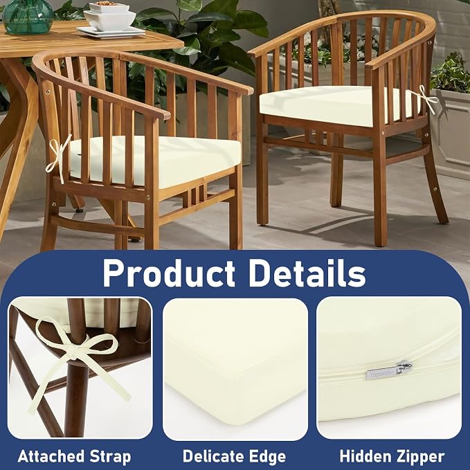 Topotdor Outdoor Chair Cushions Set of 2, 17"x16"x2" Waterproof Patio Chair Cushions for Outdoor Furniture, Round Corner Outdoor Seat Cushions Color Fastness Chair Pads with Ties, Cream