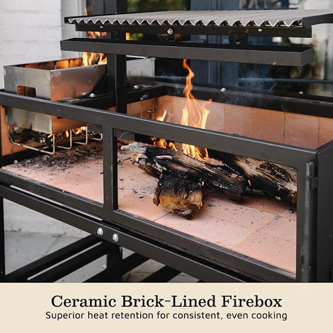 Ash & Ember Santa Maria Grill with Brasero Charcoal Chamber, Wood & Charcoal Argentine Grill with Ceramic Brick Lining, BBQ Grill with Hand Wheel for Adjustable Heat Control, Bottom & Side Shelf