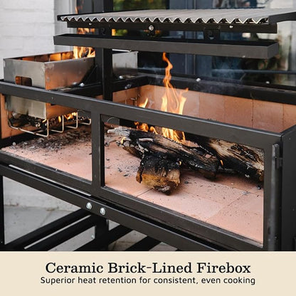 Ash & Ember Santa Maria Grill with Brasero Charcoal Chamber, Wood & Charcoal Argentine Grill with Ceramic Brick Lining, BBQ Grill with Hand Wheel for Adjustable Heat Control, Bottom & Side Shelf