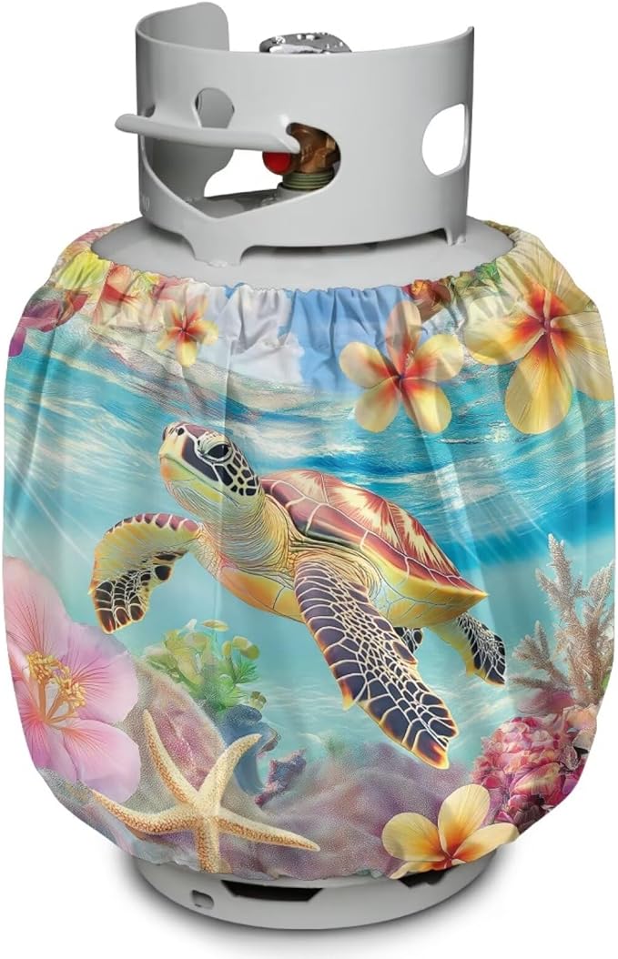 Propane Tank Covers 20lb Sea Turtle Flower Outdoor Heavy Duty Waterproof Windproof Gas Tank Cylinder Cover with Elastic Brand, Dress up Your Gas Grill,