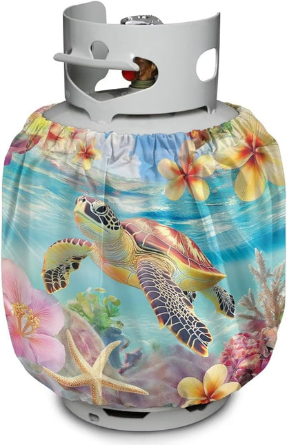 Propane Tank Covers 20lb Sea Turtle Flower Outdoor Heavy Duty Waterproof Windproof Gas Tank Cylinder Cover with Elastic Brand, Dress up Your Gas Grill,