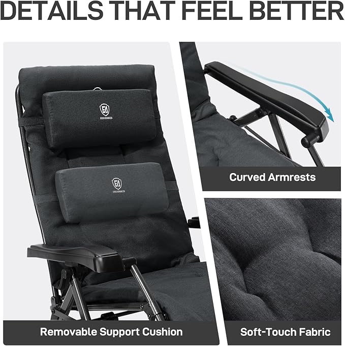 EVER ADVANCED Aluminum Zero Gravity Chair Oversized, 2.4" Thick Padded Reclining Lounge Chair with Adjustable Headrest & Side Table, Heavy Duty Support 350 lbs, Foldable for Outdoor & Indoor, Black