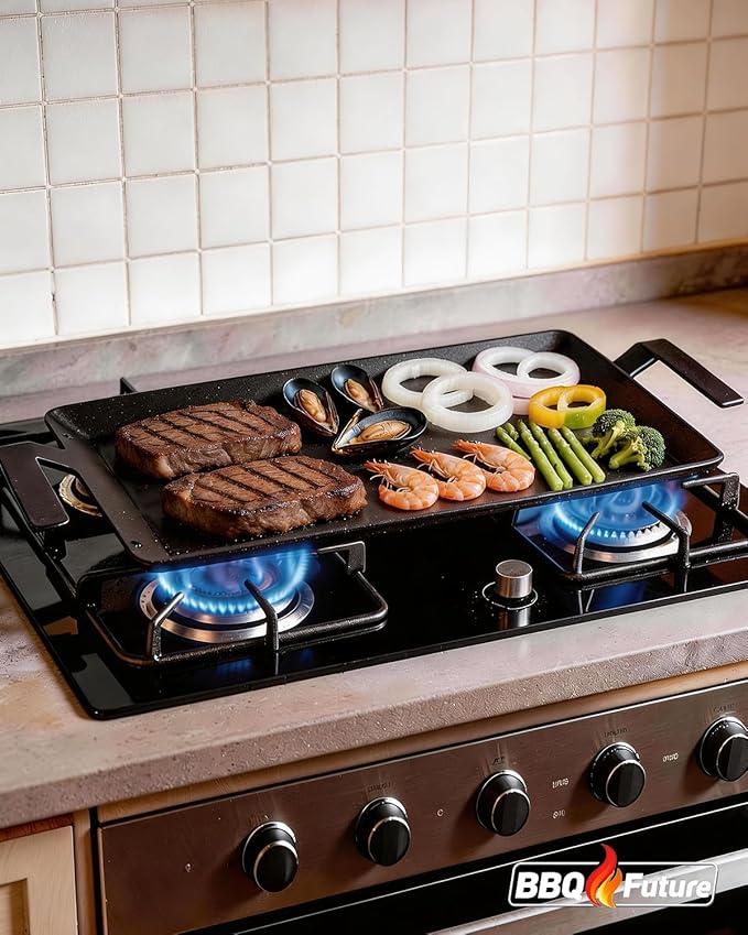 Carbon Steel Griddle for Gas Grill with Spatula Set, 24" x 10" Flat Top Griddle for Stove Top, Induction & Electric Cooktop, Double Burner Griddle Pan, Nonstick Cookware Griddle Insert