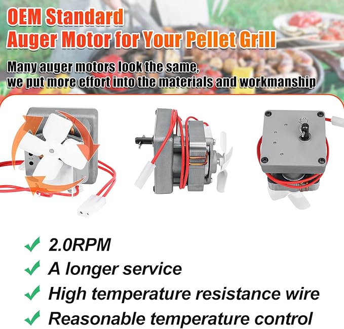 Upgraded 2.0 RPM Auger Motor Replacement for Pit Boss Pellet Grills, Compatible with Traeger & Camp Chef, 120V 60Hz 2 Pole Auger Motor Replacement Parts