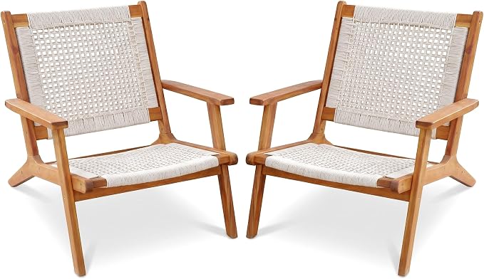 Greesum Acacia Wood Patio Recliner Chairs | 2 Pack Modern Rope Accent Recliners, Outdoor Lounge Seating for Balcony, Porch, Backyard & Poolside