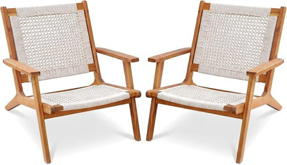 Greesum Acacia Wood Patio Recliner Chairs | 2 Pack Modern Rope Accent Recliners, Outdoor Lounge Seating for Balcony, Porch, Backyard & Poolside