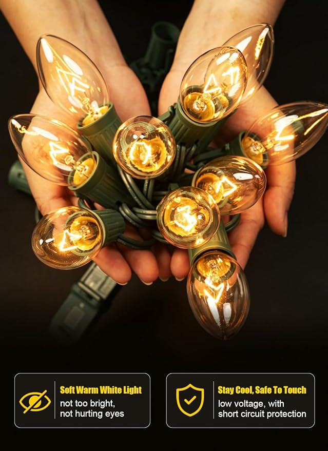 Formosa 26FT Upgraded Version C9 Christmas String Lights,Clear Incandescent String Lights for Indoor Use, for Xmas Tree, Holiday Party Decor, String Lights for Bedroom，UL Listed, Commercial Grade
