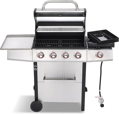 4-Burner Gas Grill with Side Burner, 49,000 BTU, Outdoor BBQ Grill with Cast Iron Grates, Griddle and Charcoal Pan, 3-in-1 Convertible Cooking, Easy-Clean System & Side Shelves