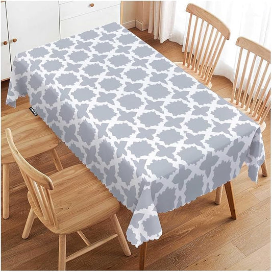 Swono Moroccan Gray White Table Covers 52x70 Inch Modern Geometric Quatrefoil Wipeable Tablecloth Kitchen Dinning Tabletop Decoration, Table Cloth for Outdoor and Indoor Use