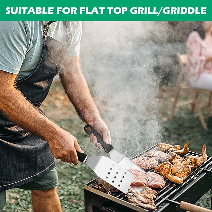 Metal Spatula Set of 2, HaSteeL 11.8 x 2.8In Stainless Steel Perforated Spatula & Solid Turner Flipper, Flat Top Griddle Teppanyaki Hibachi Tools for Barbecue Camping, Plastic Handle & Easy to Clean