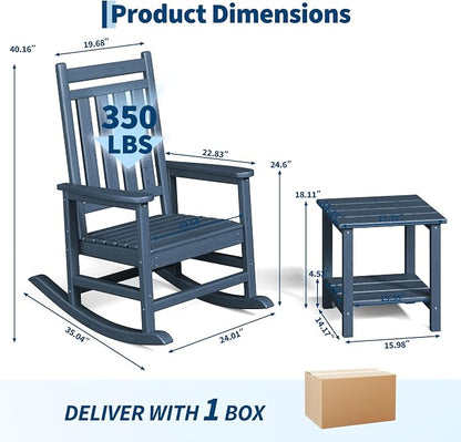Garvee HDPE Rocking Chair Outdoor Set of 2 with Side Table - Poly High Back Porch Rocker Chairs for Adults - All Weather Resistant Furniture for Patio Front Porch - Navy Blue