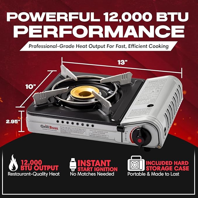 Chef Master Grill Boss Dual Fuel Camping Stove, Butane & Propane, 12000 BTU | Single Burner Gas Cooker, Propane Adapter Included, Works Below Freezing, Double Wind Guard, Piezo Ignition, Hiking, 90057