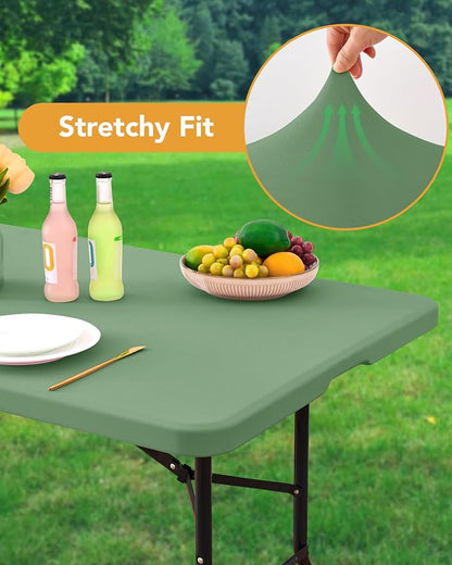 Fitted Tablecloth Rectangle Table Cloths with Elastic, 8 ft, Sage, 6 Pack | For Outdoor Picnic Camping Party 8 foot Folding Spandex Table Covers, Water-Resistant, Windproof, Reusable, 96"L x 30"W