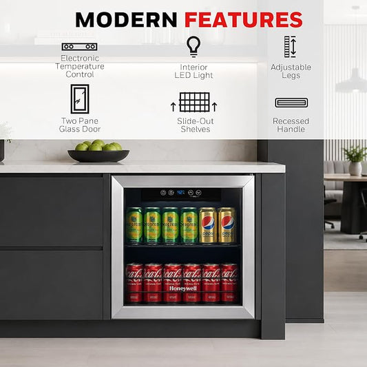 Honeywell Beverage Refrigerator and Cooler, 48 Can Mini Fridge with Glass Door for Soda Beer or Wine for Office or Bar with Adjustable Removable Shelving