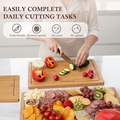 Bamboo Cutting Boards for Kitchen, 3 Piece Extra Thick Cutting Board Set with Juice Groove, Deep Carbonized Bamboo Chopping Board, Reversible Wood Cutting Board for Meat, Charcuterie & Serving