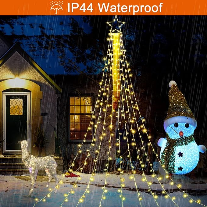 Christmas Star String Lights, 320 LED Waterfall Tree Lights with 13" Topper Star 8 Lighting Modes Indoor Outdoor Halloween Decorations for Holiday, Wedding, Party (Warn White)