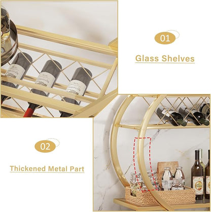 LVB Gold Bar Cart with Glass, Bar Cart with Wheels, Wine Cart with Storage | 2 Tier Glass Shelves Home Bar Serving Cart with Wine Rack, Liquor Cart for Kitchen, Bar, Dinning Room