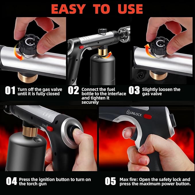 Propane Torch Gun, 3272°F Flame Thrower Gun, Charcoal Lighter with a Safety Lock ，Adjustable Flame Cooking Torch for Searing Steak, Sous Vide, Grill, BBQ & DIY (Propane Tank Not Included)
