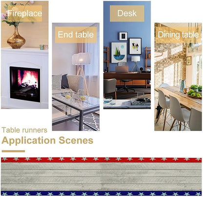 4th of July Memorial Day Table Runner, USA Flag Patriotic Wood Indoor Patriotic Independence Table Decor for Home Party 13x36 Inch
