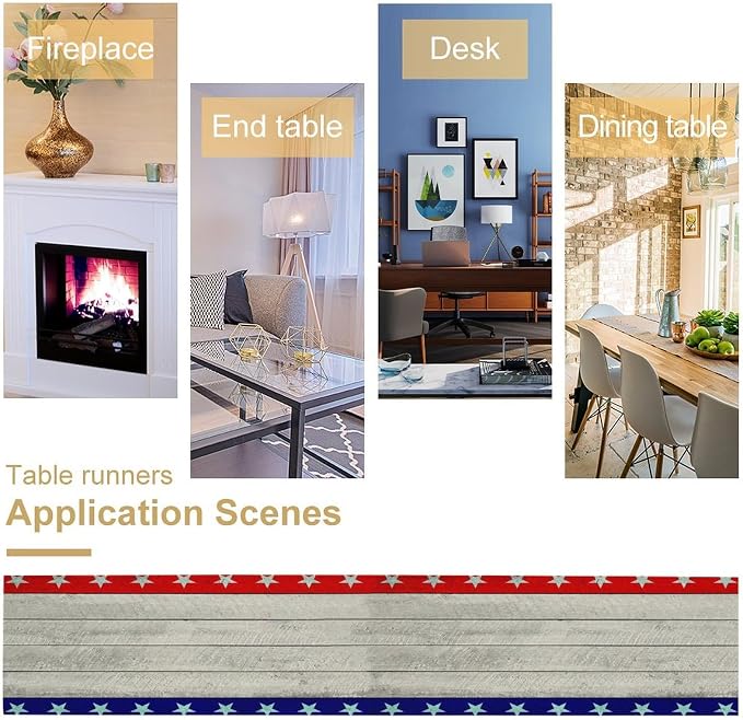4th of July Memorial Day Table Runner, USA Flag Patriotic Wood Indoor Patriotic Independence Table Decor for Home Party 13x60 Inch